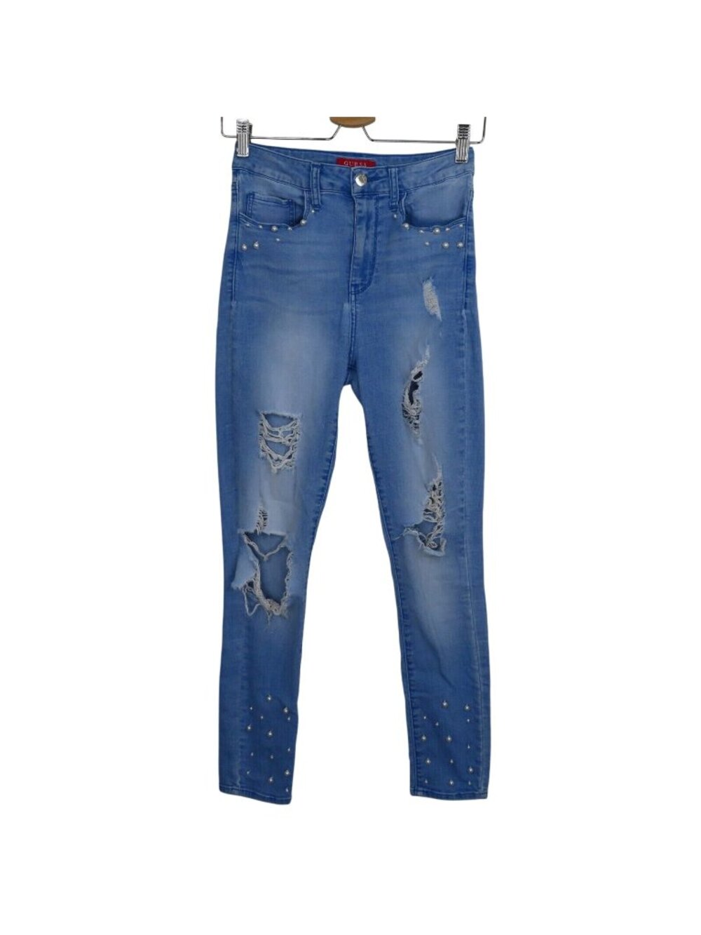 GUESS Women 27 Blue Distressed Shredded Pearl Beaded Skinny Jeans Denim Pants